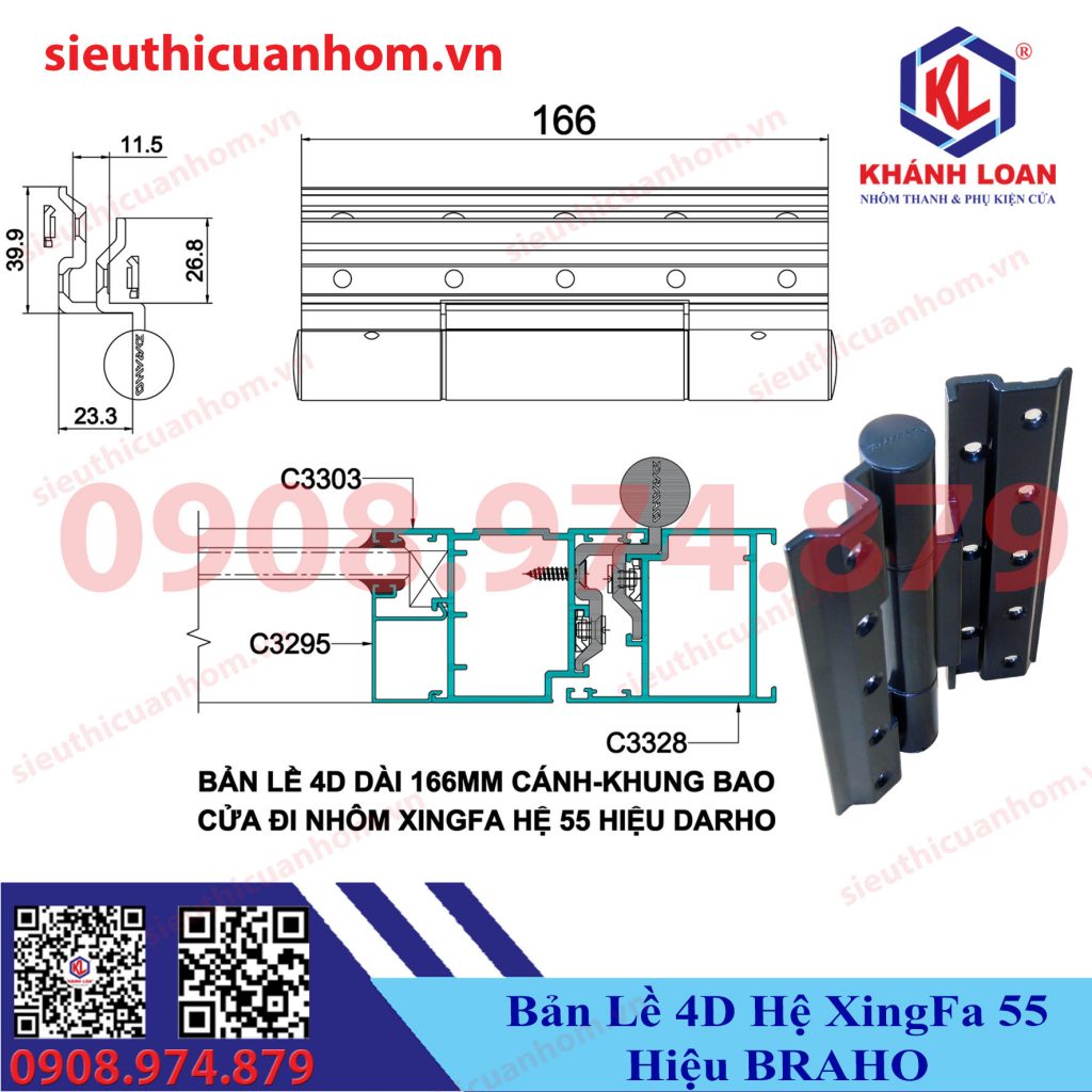 Bản lề 4D cửa đi nhôm Xingfa hệ 55 hiệu Draho