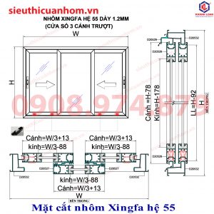 Mặt cắt nhôm, cách trừ cánh và phụ kiện cửa sổ lùa nhôm Xingfa hệ 55 dày 1,4mm