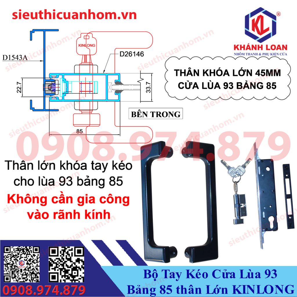 Khóa tay kéo cửa lùa nhôm Xingfa hệ 93 bảng 85