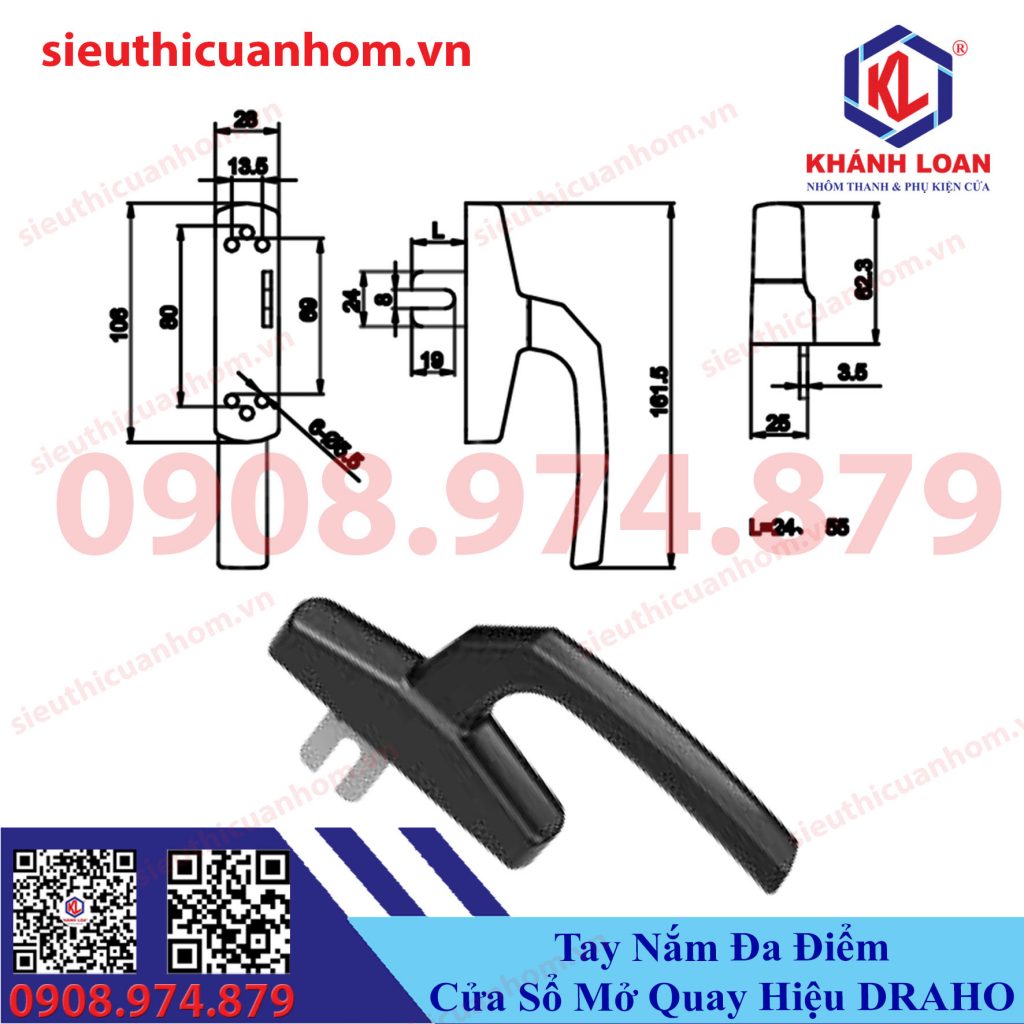 Tay nắm cửa sổ mở quay nhôm Xingfa hệ 55 hiệu Draho