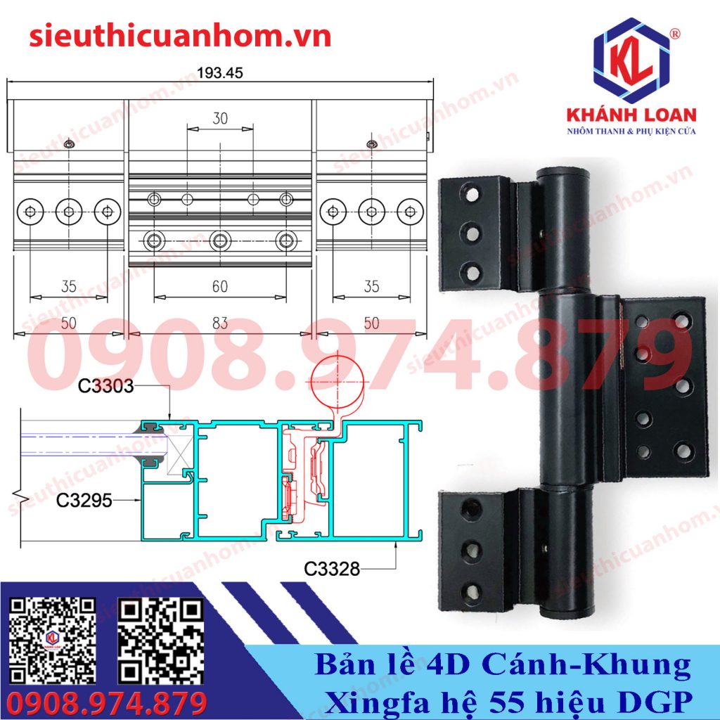 Bản lề 4D cánh khung cửa đi nhôm Xingfa hệ 55 hiệu DGP