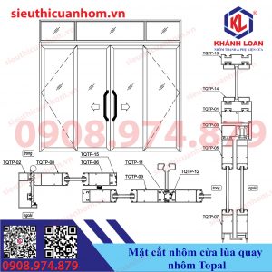 Mặt cắt nhôm và bảng vẽ cửa lùa quay nhôm Topal