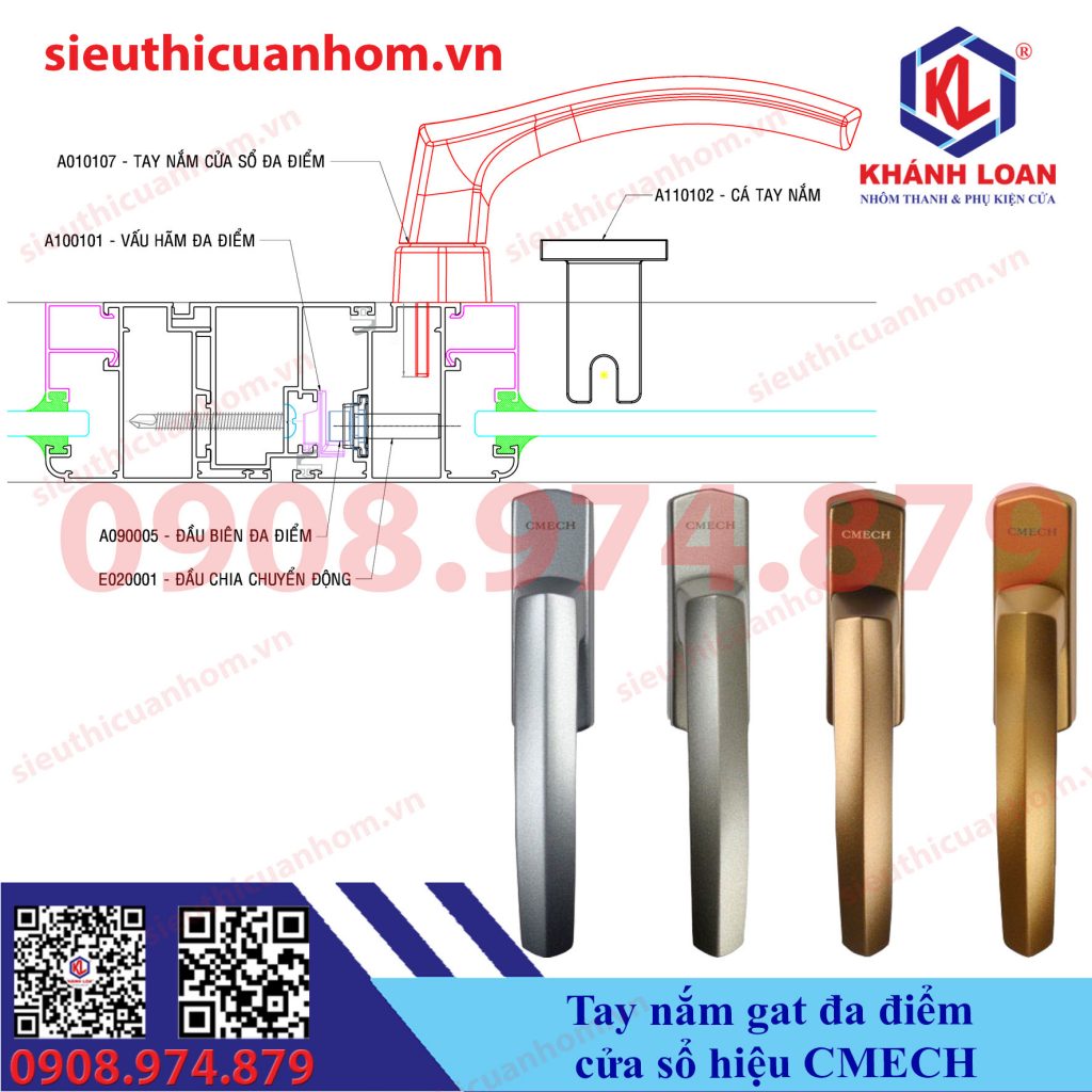 Tay nắm gạt đa điểm cửa sổ mở quay nhôm cao cấp hiệu Cmech