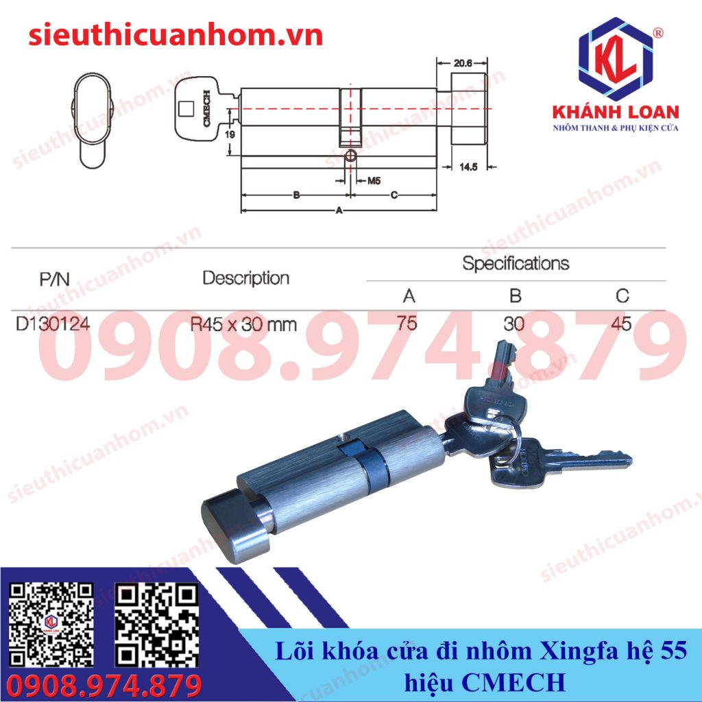 Lõi khóa cửa đi nhôm cao cấp hiệu Cmech