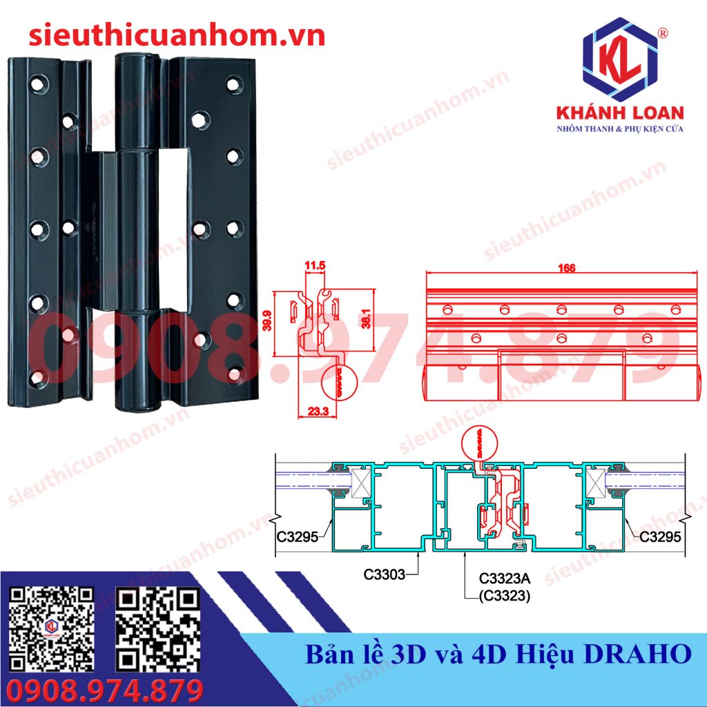 Bản lề 3D và 4D cửa đi nhôm Xingfa hệ 55 hiệu Draho