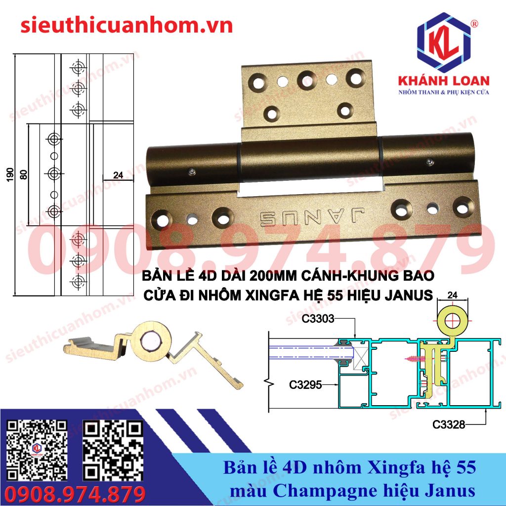 Bản lề 4D màu champagne dùng cho nhôm Xingfa hệ 55 hiệu Janus