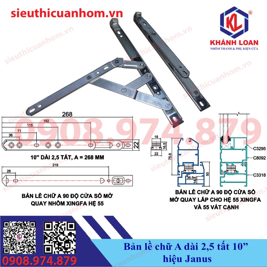 Bản lề chữ A dài 2.5 tất 10 inch nhôm Xingfa hệ 55 hiệu Janus