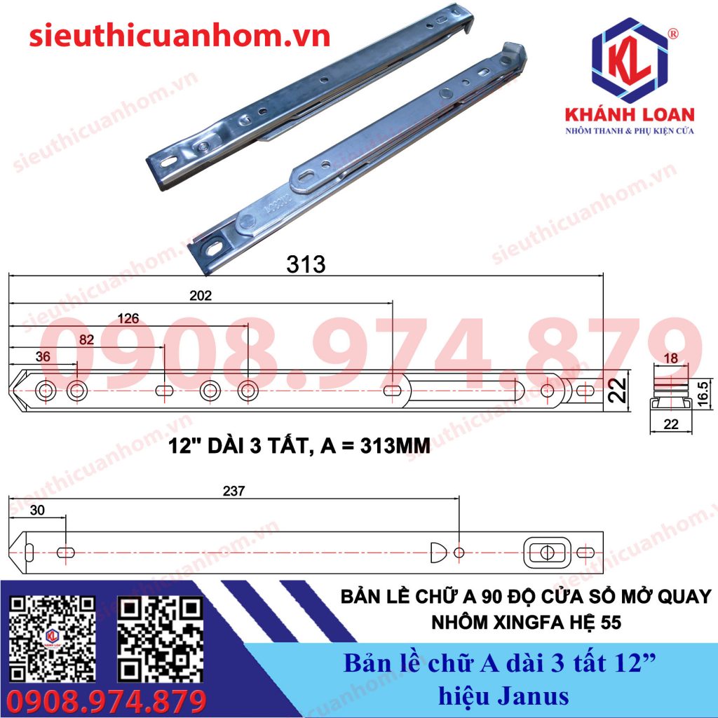 Bản lề chữ A dài 3 tất 12 inch nhôm Xingfa hệ 55 hiệu Janus