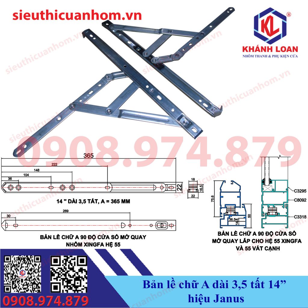 Bản lề chữ A dài 3,5 tất 14 inch nhôm Xingfa hệ 55 hiệu Janus