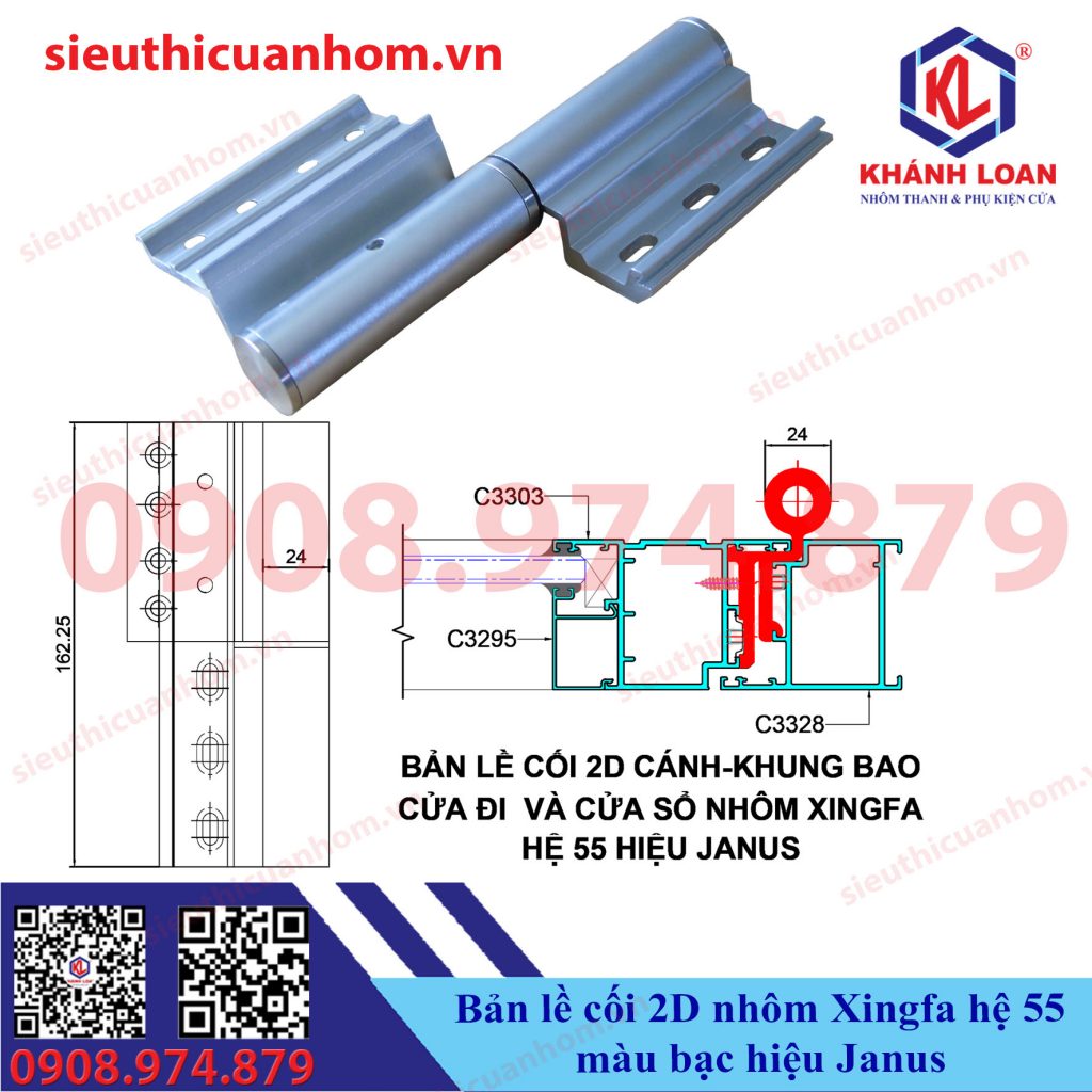 Bản lề cối 2D màu bạc dùng cho nhôm Xingfa hệ 55 hiệu Janus