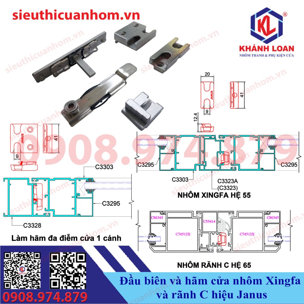 Đầu biên, đầu chia T, hãm 1 cánh và 2 cánh cửa nhôm hiệu Janus