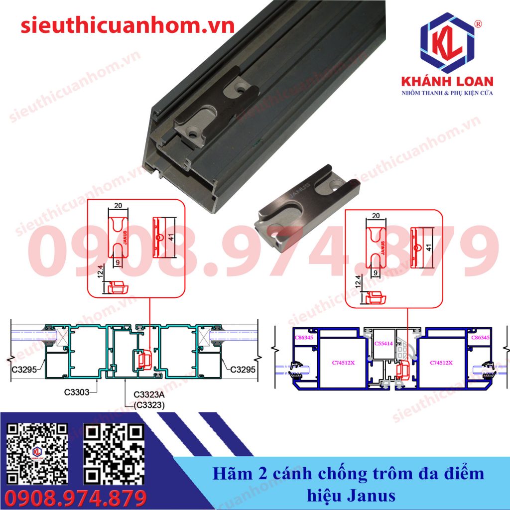 Vấu chống trộm 2 cánh cửa sổ mở nhôm Xingfa 55 và rãnh C 65 hiệu Janus