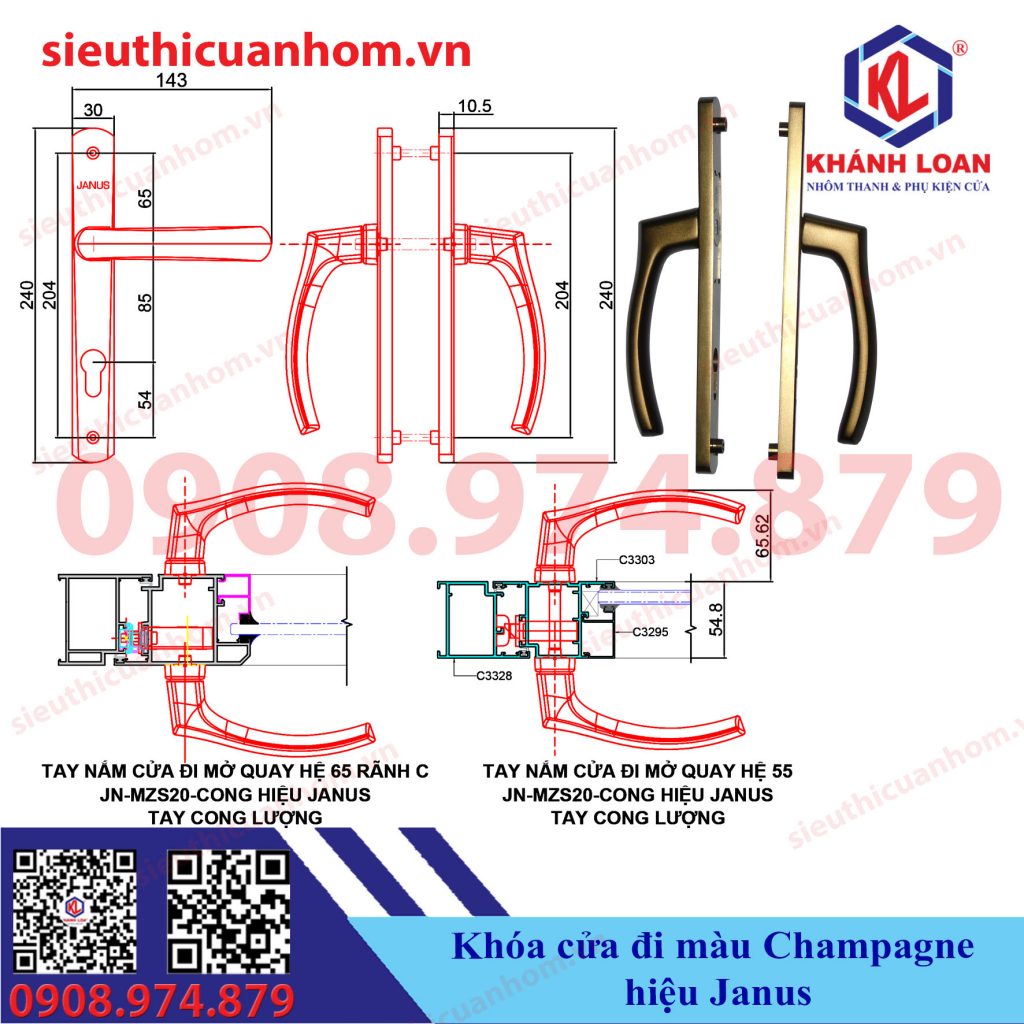 Tay nắm khóa cửa đi nhôm Xingfa 55 và rãnh C 65 màu champagne hiệu Janus