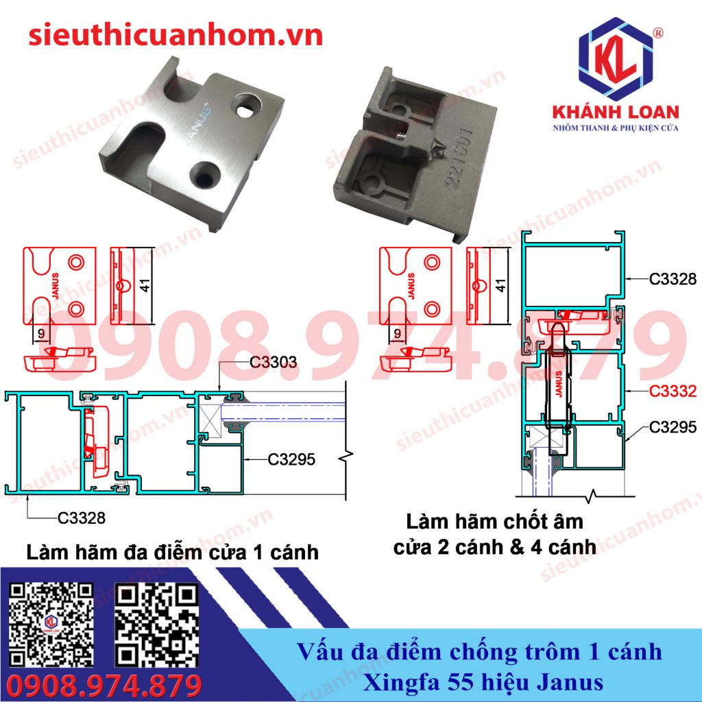 Vấu đa điểm 1 cánh chống trộm kết hợp hãm chốt âm 2 cánh Xingfa 55 hiệu Janus