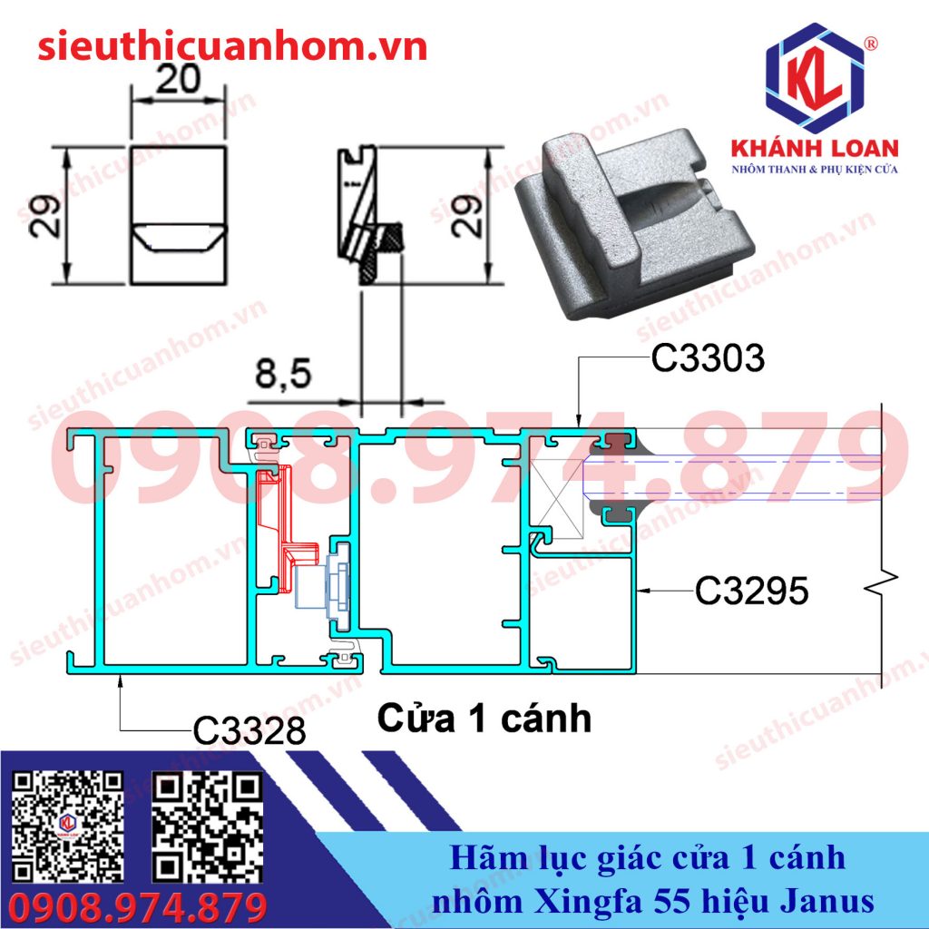 Hãm lục giác cửa 1 cánh Xingfa 55 hiệu Janus