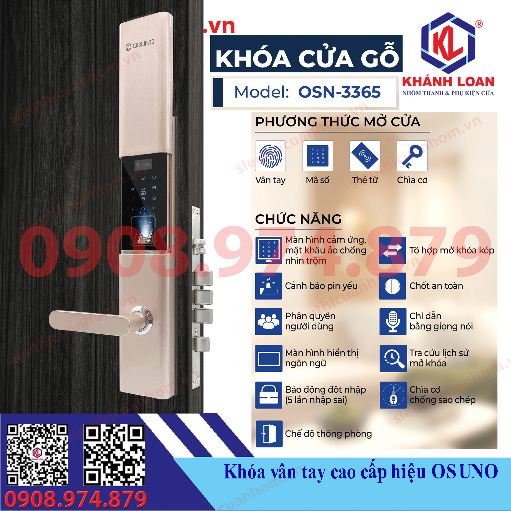 Khóa vân tay cửa gỗ hiệu Osuno OSN-3365