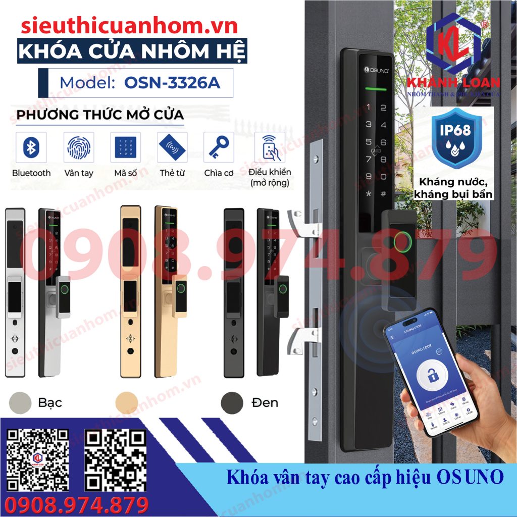 Khóa vân tay chống nước cửa lùa nhôm Xingfa hiệu Osuno OSN-3326A