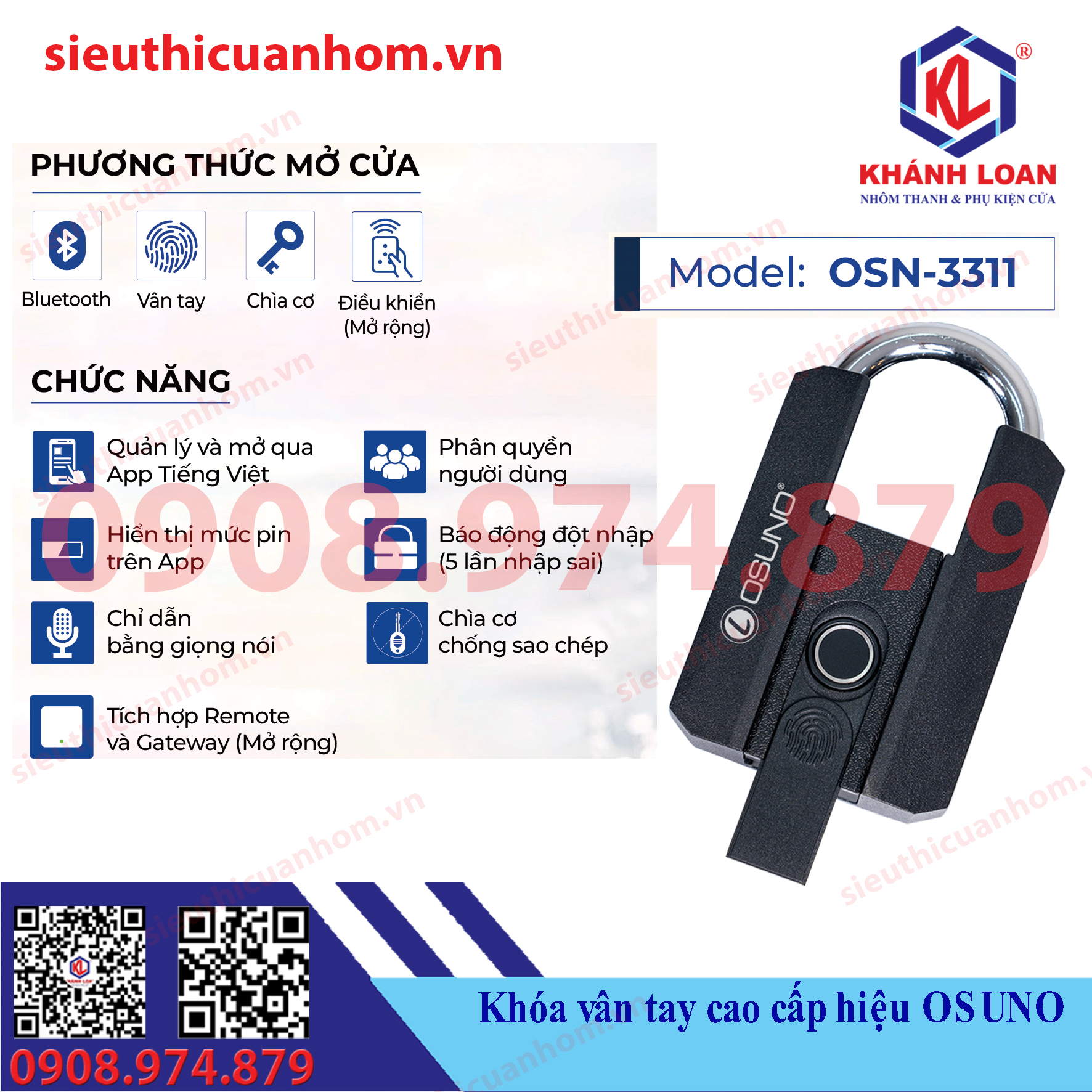 Ổ khóa vân tay bấm càng hiệu Osuno OSN-3311