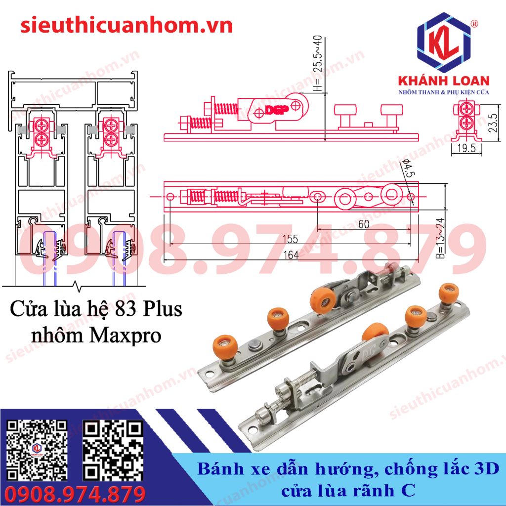 Bánh xe 3D dẫn hướng chống lắc cánh cửa lùa rãnh C