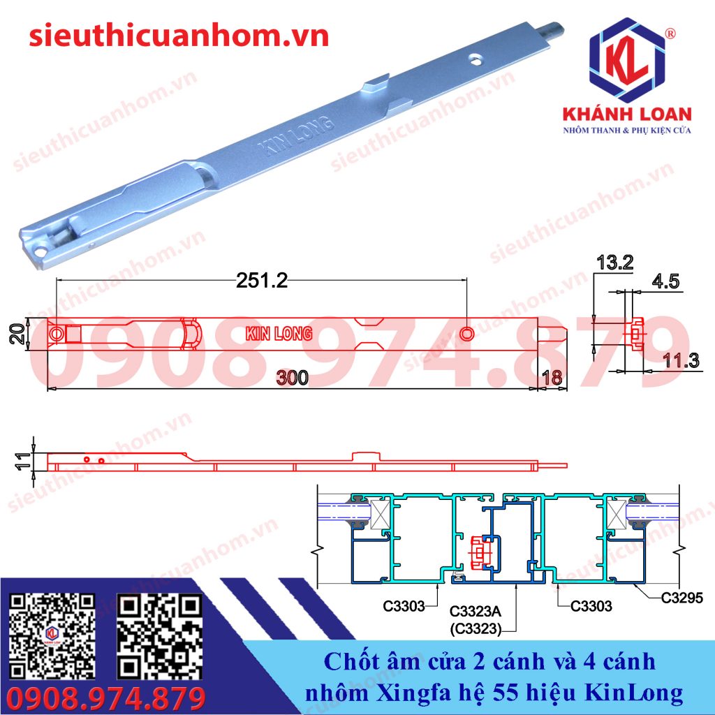 Chốt âm cửa đi 2 cánh 4 cánh nhôm Xingfa hệ 55