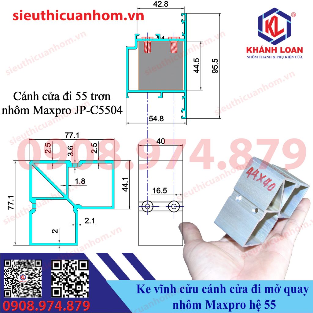 Ke vĩnh cửu cánh không gân cửa đi nhôm Maxpro hệ 55