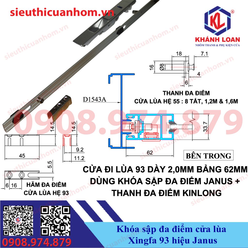 Khóa sập đa điểm cửa lùa hệ 93 hiệu Janus