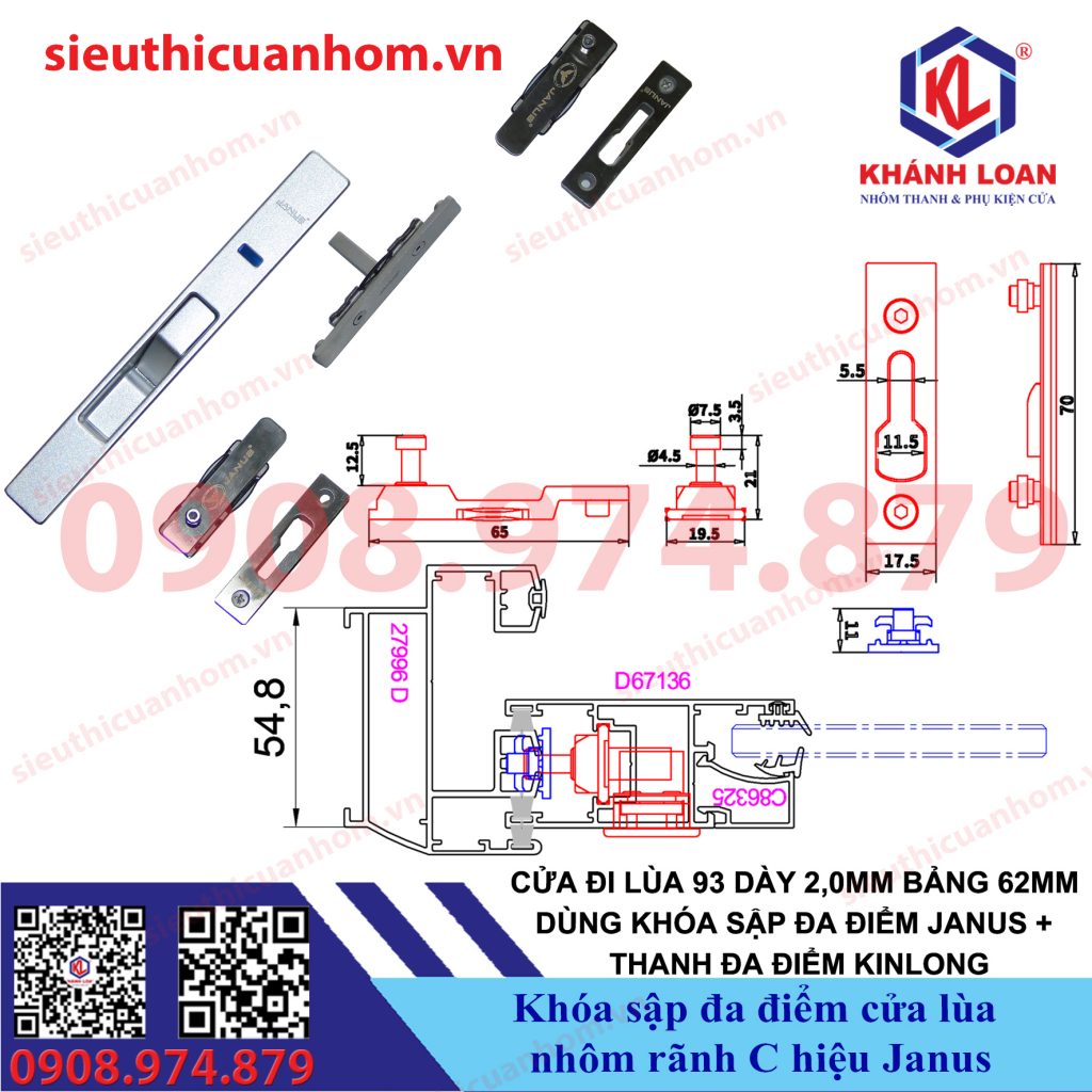 Khóa sập đa điểm cửa lùa rãnh C nhôm Maxpro Xingfa Class A hiệu Janus