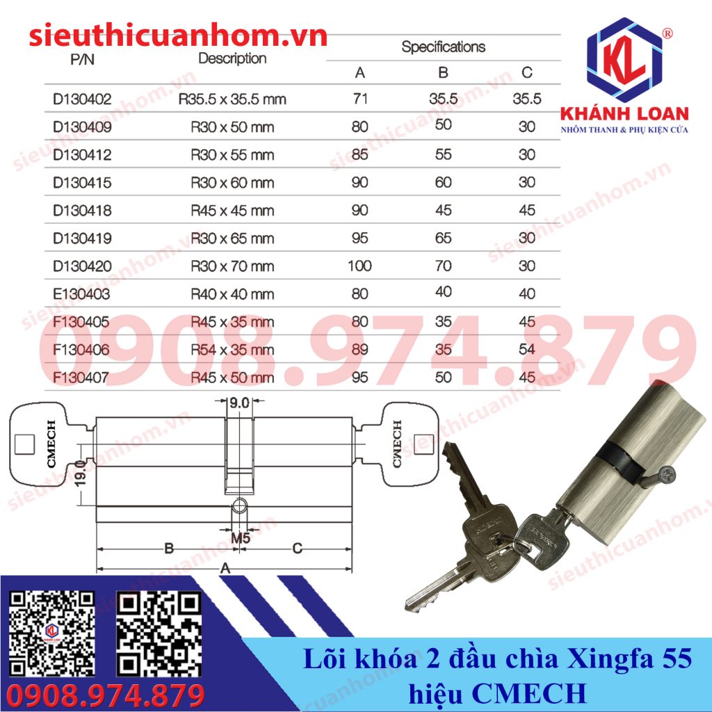 Lõi chìa khóa cửa nhôm cao cấp hiệu Cmech