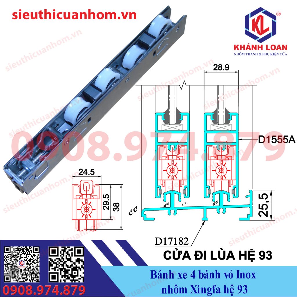 Bánh xe 4 bánh vỏ Inox cửa đi lùa nhôm Xingfa hệ 93