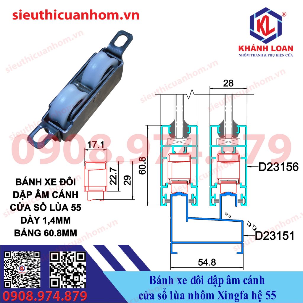 Bánh xe đôi chịu lực âm cánh cửa sổ lùa nhôm Xingfa hệ 55