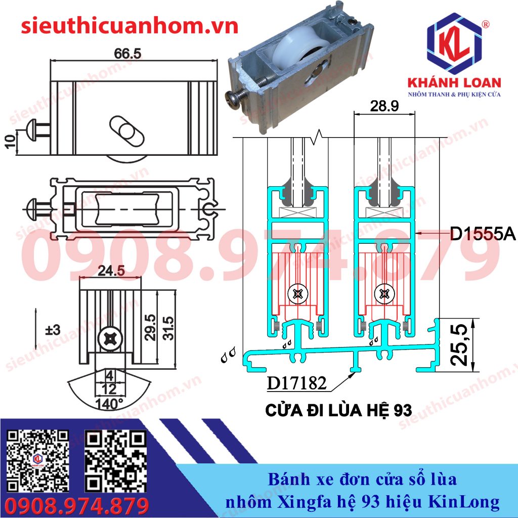 Bánh xe đơn cửa sổ lùa nhôm Xingfa hệ 93 hiệu KinLong