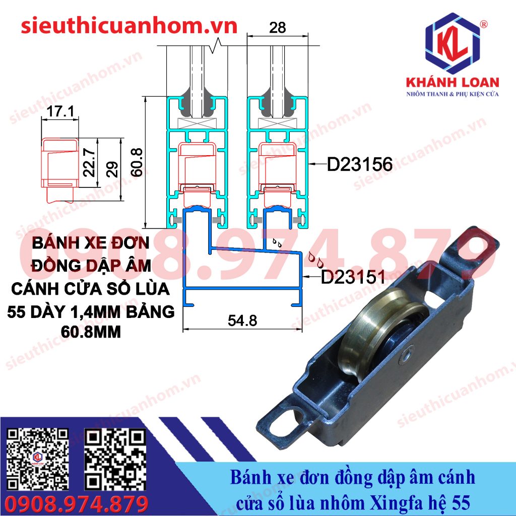 Bánh xe đơn đồng âm cánh cửa sổ lùa nhôm Xingfa hệ 55