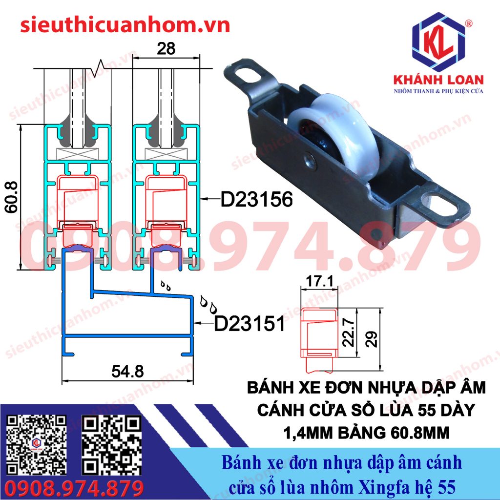 Bánh xe đơn nhựa âm cánh cửa sổ lùa nhôm Xingfa hệ 55