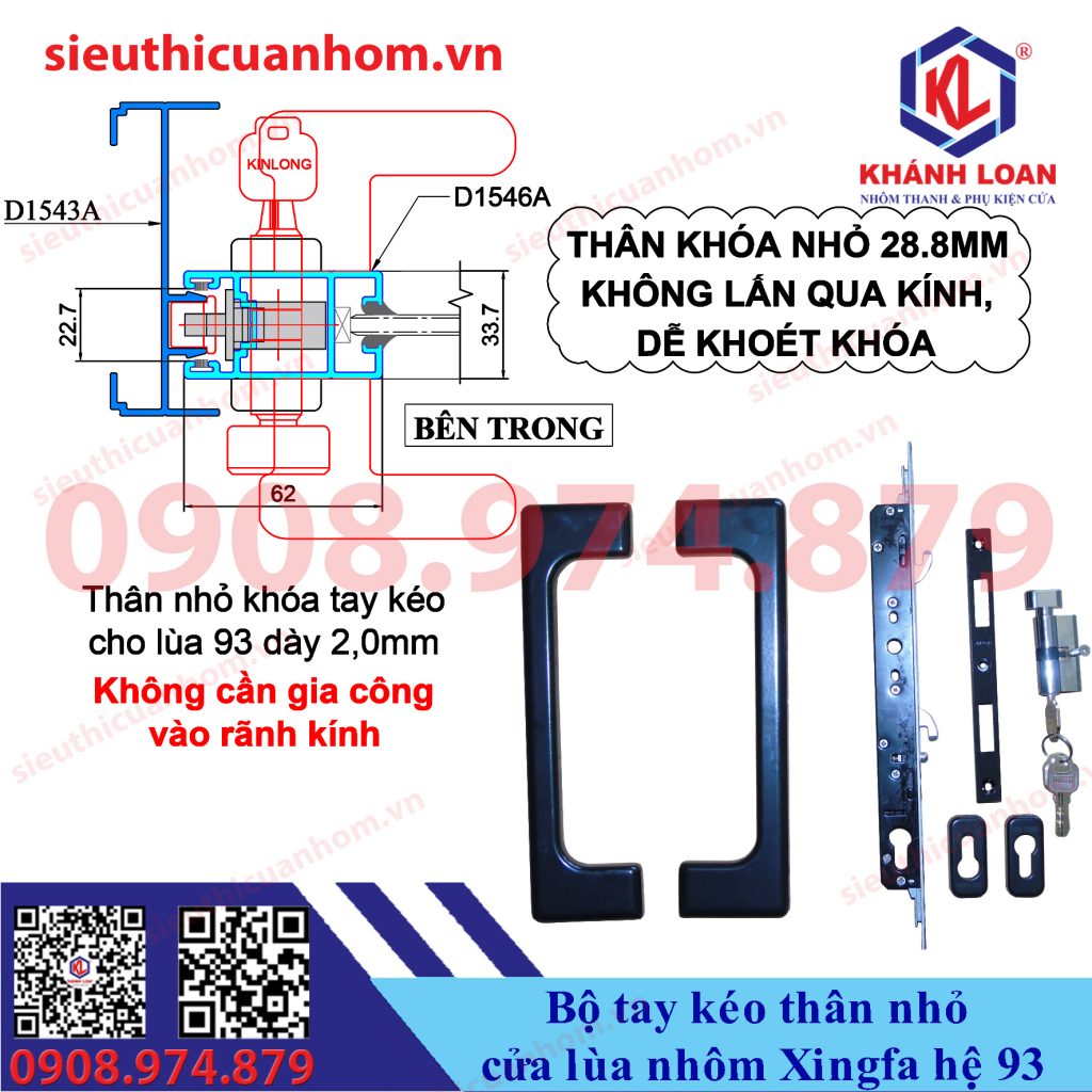 Khóa tay kéo cửa lùa nhôm Xingfa hệ 93 bản nhỏ