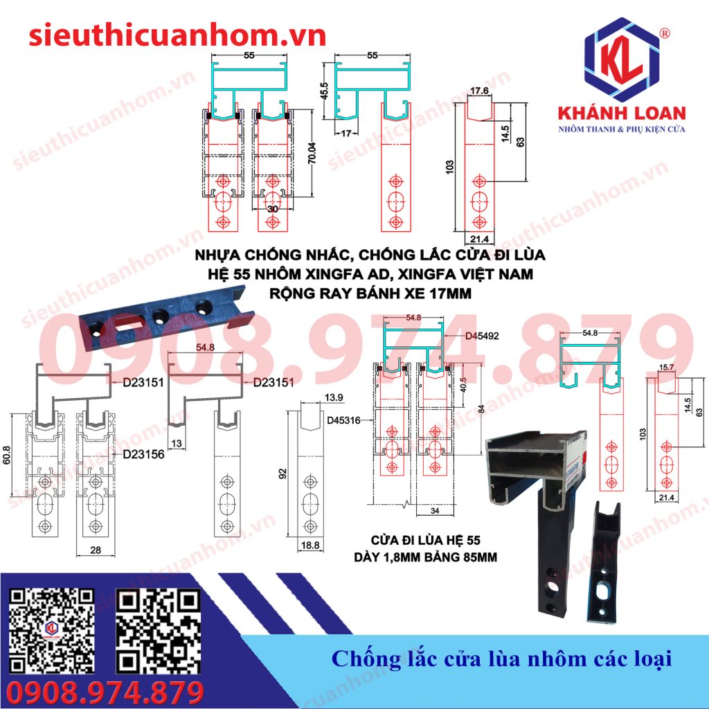 Nhựa chống lắc cánh cửa lùa nhôm Xingfa hệ 55 các loại