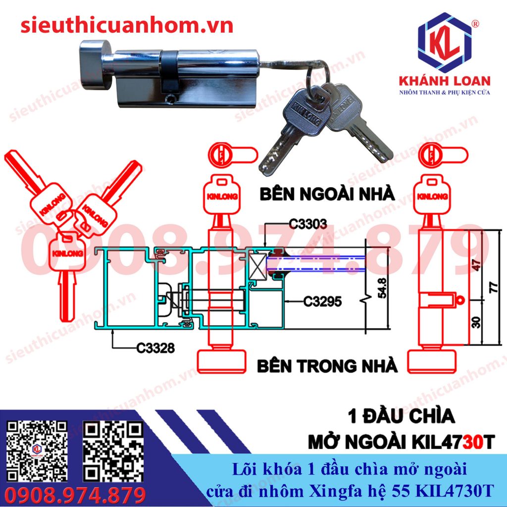 Lõi khóa 1 đầu chìa cửa mở quay ngoài nhôm Xingfa hệ 55 KinLong chính hãng KIL4730T