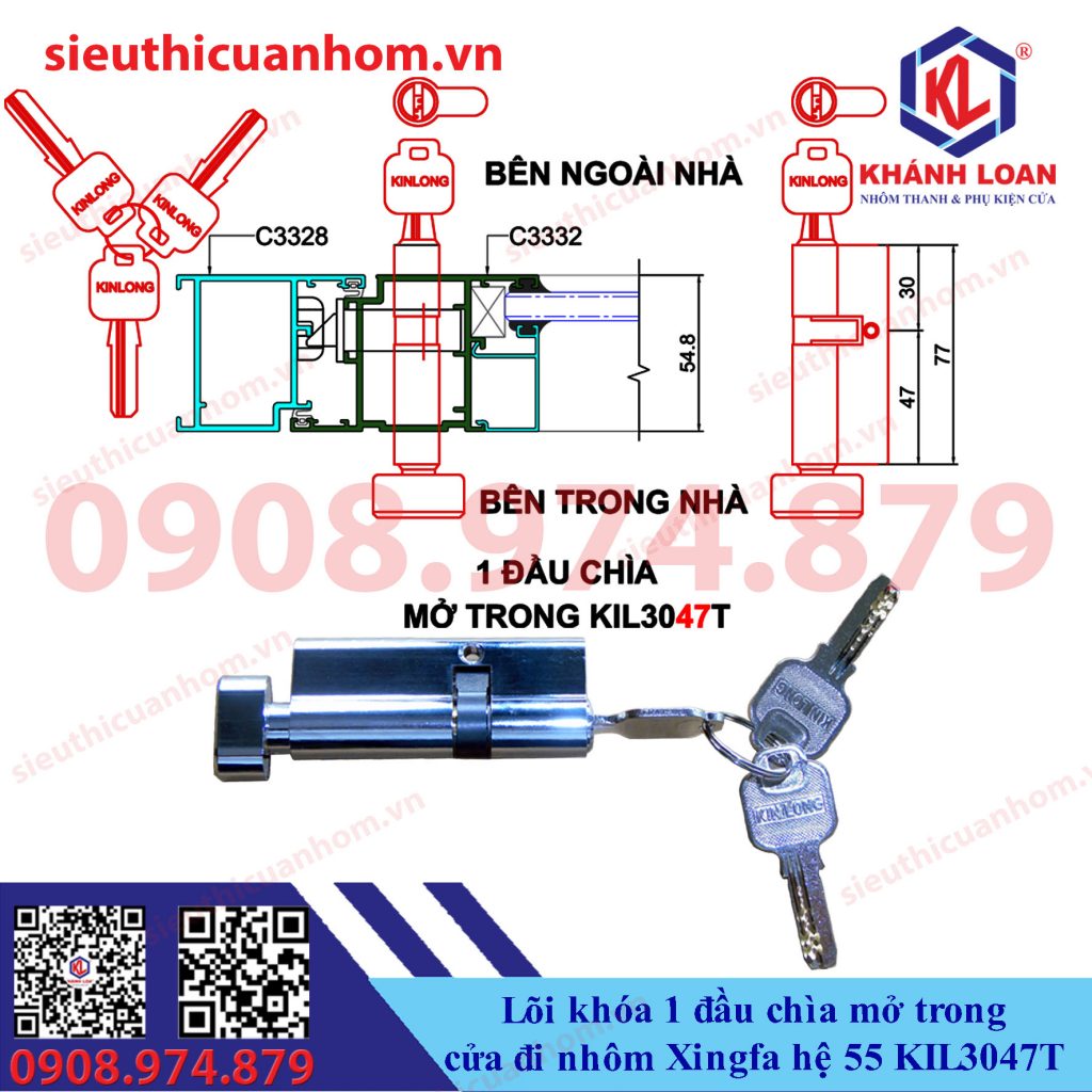 Lõi khóa 1 đầu chìa cửa mở quay trong nhôm Xingfa hệ 55 KinLong chính hãng KIL3047T