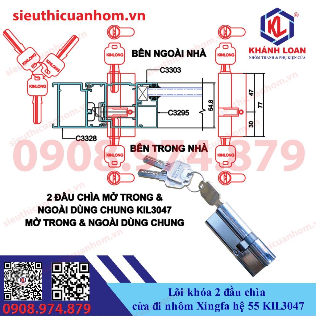 Lõi khóa 2 đầu chia nhôm Xingfa hệ 55 KinLong chính hãng KIL3047