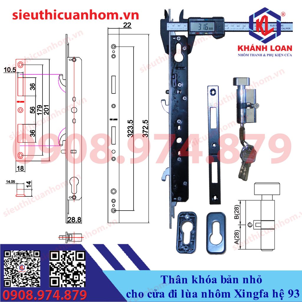 Thân khóa bản nhỏ cho khóa cửa lùa nhôm Xingfa hệ 93