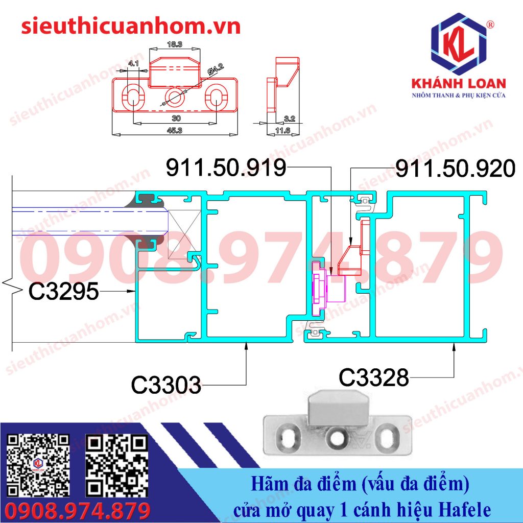 Hãm đa điểm 1 cánh cửa mở quay nhôm Xingfa hệ 55 hiệu Häfele