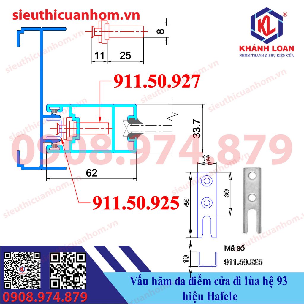 Hãm vấu đa điểm thanh truyền cửa lùa hệ 93 hiệu Häfele