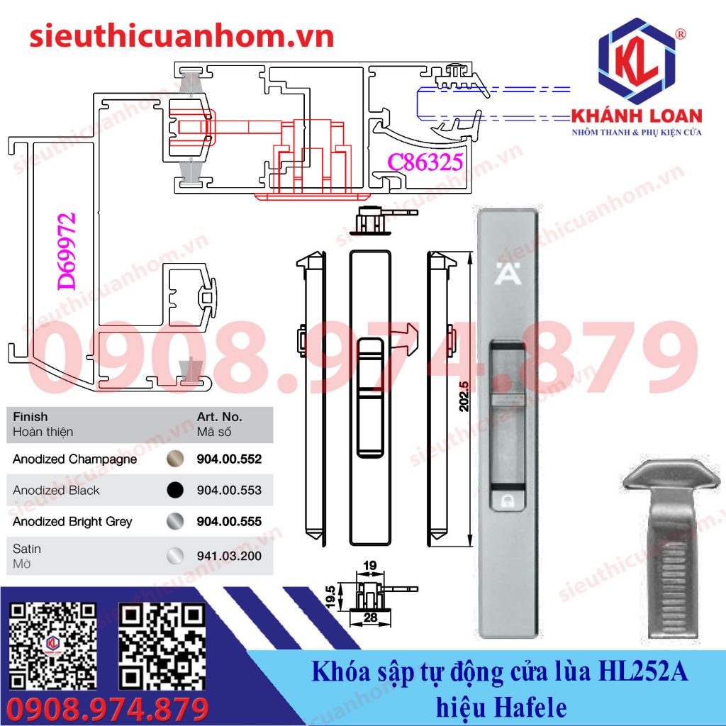 Khóa sập tự động cửa lùa HL252A hiệu Häfele