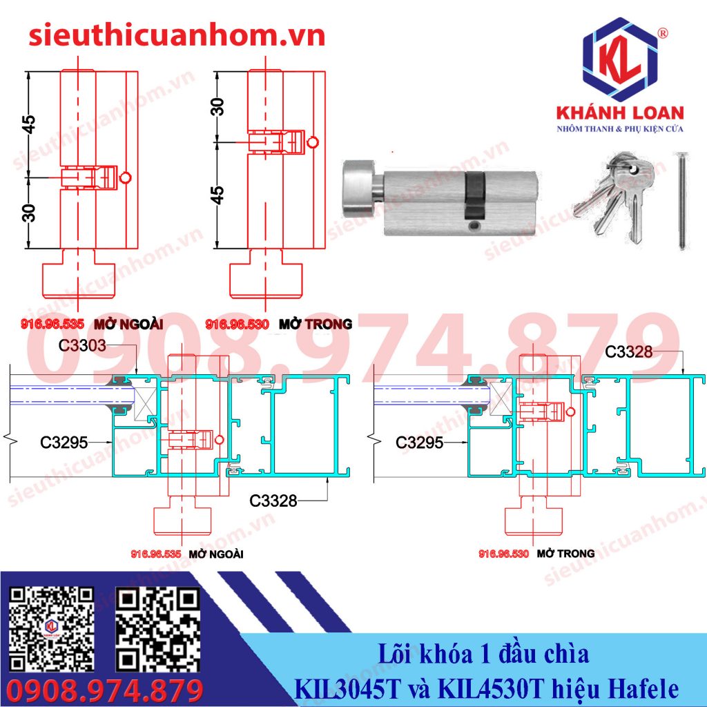 Lõi khóa 1 đầu chìa cửa đi mở quay hiệu Häfele