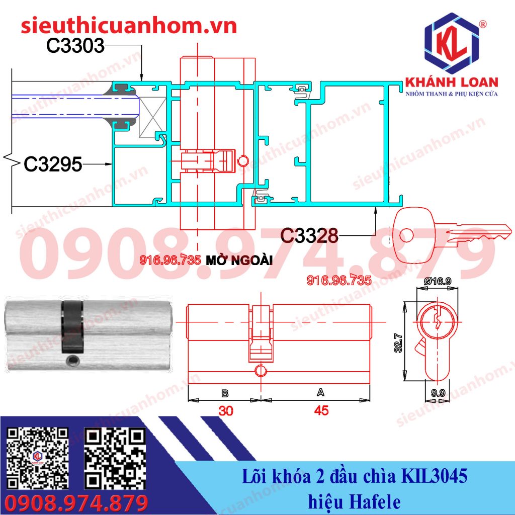 Lõi khóa 2 đầu chìa cửa đi mở quay hiệu Häfele