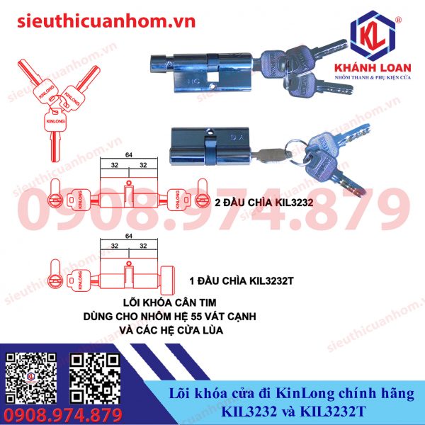 Lõi khóa cửa đi hệ 55 vát cạnh KIL3232 và KIL3232T