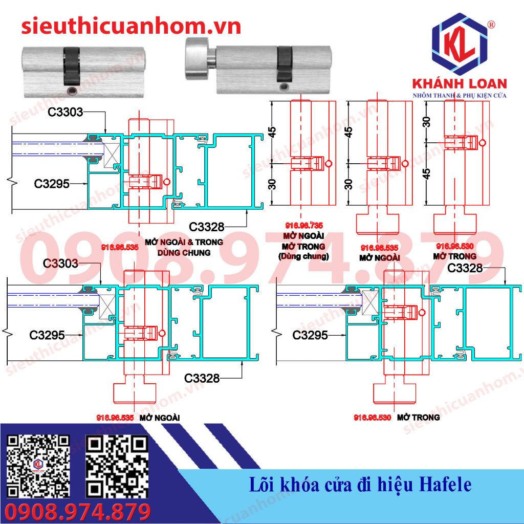 Lõi khóa cửa đi mở quay nhôm Xingfa hệ 55 hiệu Häfele