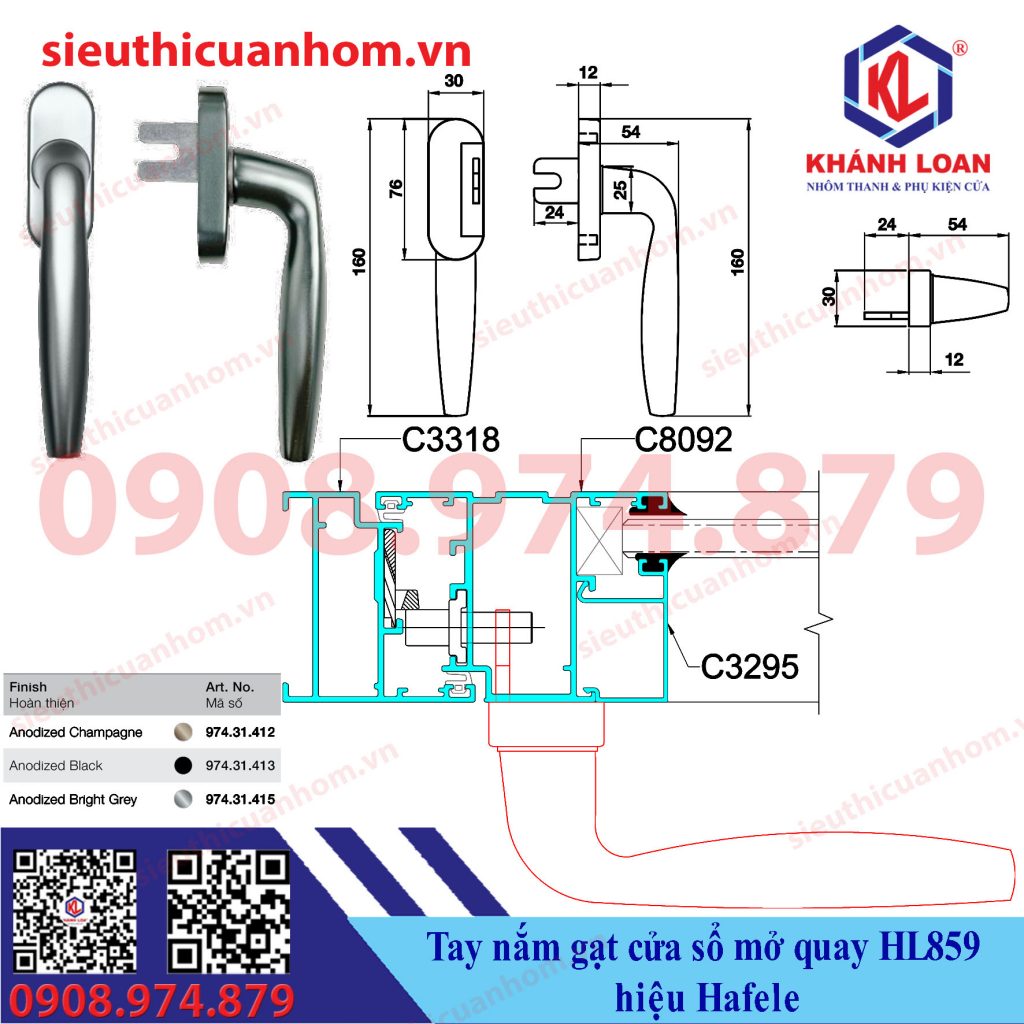 Tay nắm gạt đa điểm cửa sổ mở quay HL859 hiệu Häfele