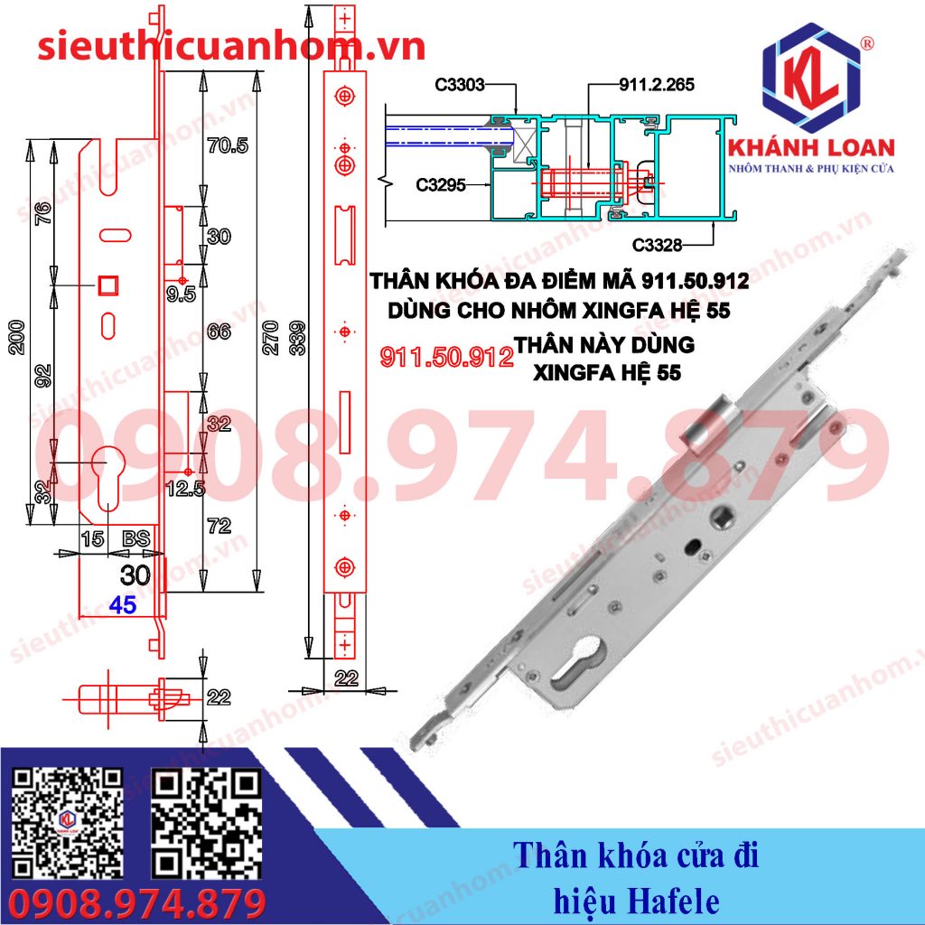 Thân khóa cửa đi nhôm Xingfa hệ 55 hiệu Hafele Đức