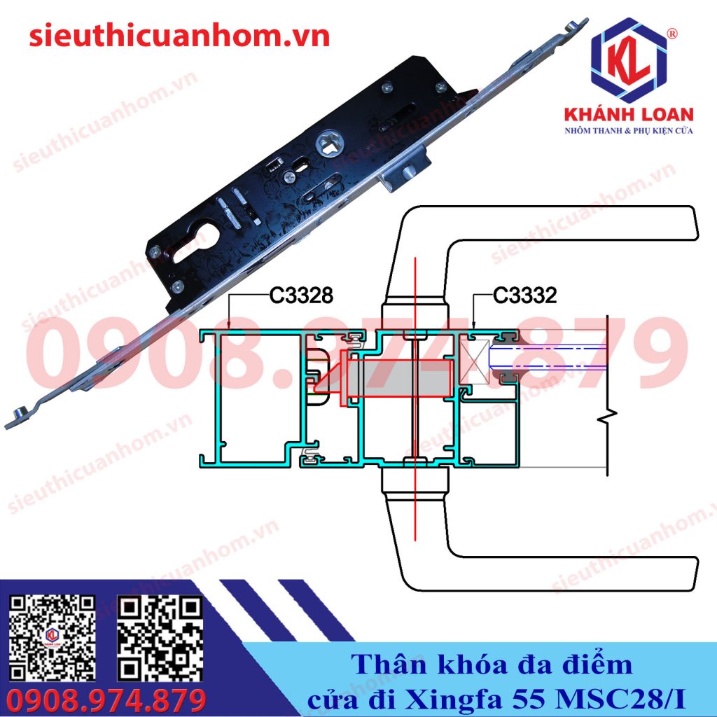 Thân khóa cửa đi nhôm Xingfa hệ 55 hiệu Kinlong chính hãng MSC28/I