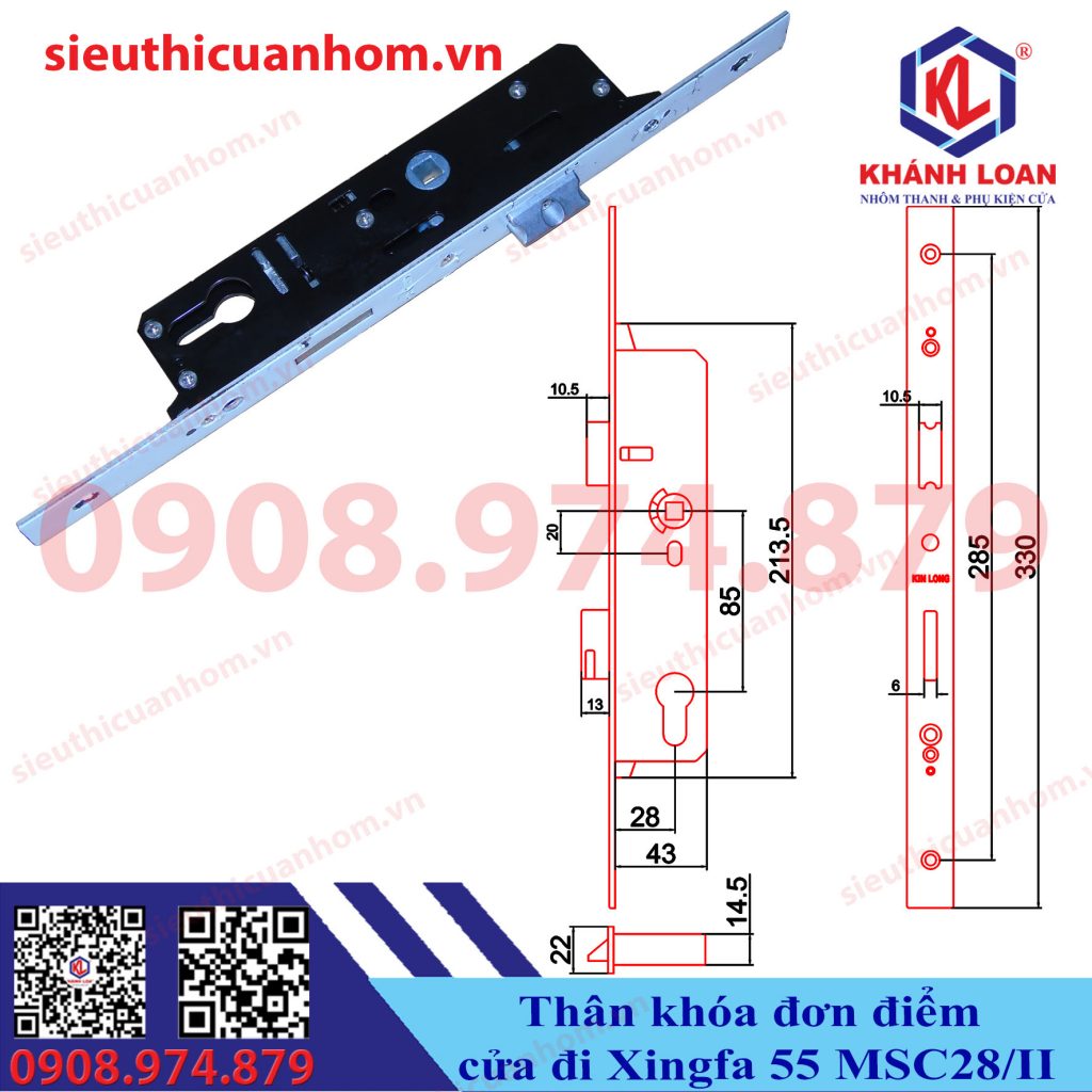 Thân khóa đơn điểm cửa đi nhôm Xingfa hệ 55 hiệu Kinlong chính hãng MSC28/II